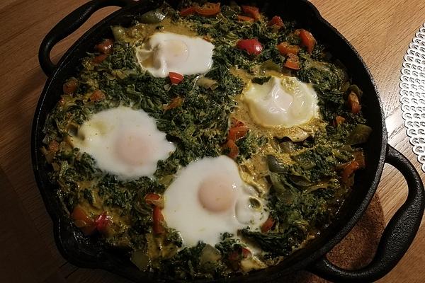 Green Shakshuka with Spinach Leaves and Peppers