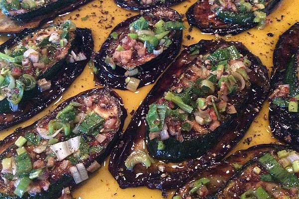 Grilled Eggplant and Zucchini with Garlic and Chilli Topping