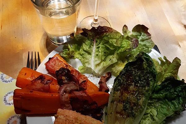 Grilled Salmon Fillet with Grilled Bacon Carrots and Grilled Roma Lettuce Hearts in Honey Mustard Dressing