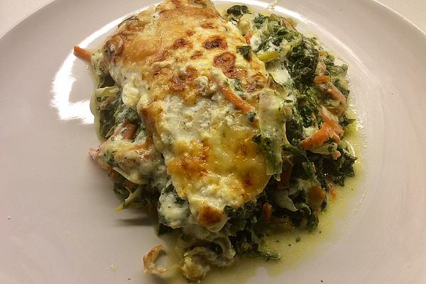 Haddock Fillet Au Gratin on Bed Of Spinach and Vegetables