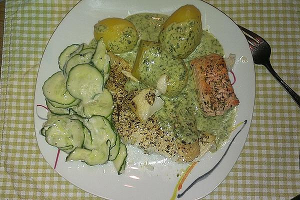 Halibut with Green Sauce and Cucumber Salad