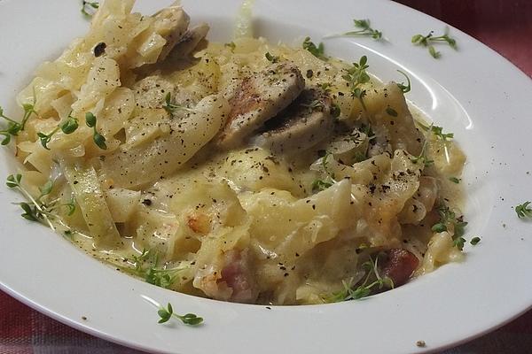 Hearty Savoy Cabbage Casserole with White Sausage and Mashed Potatoes