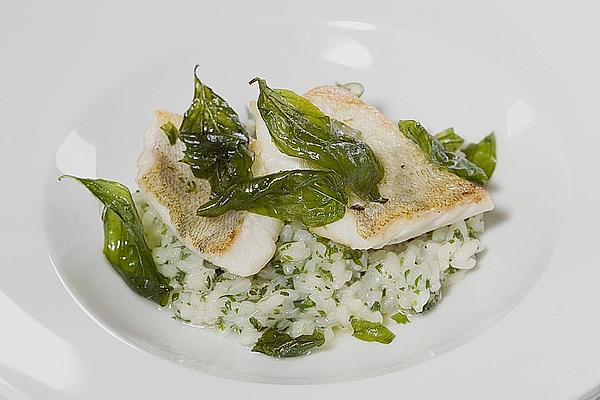Herbal Risotto with Fried Pikeperch and Fried Basil