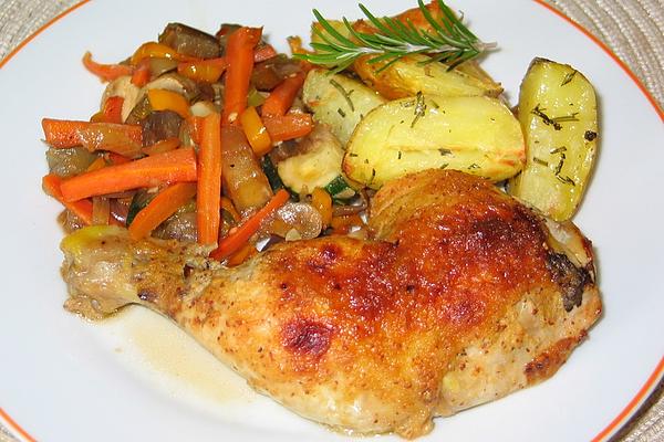 Honey Mustard Chicken Legs with Rosemary Potatoes and Red Wine Vegetables