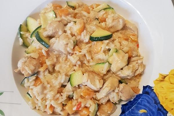 Hot Stir-fry Vegetables with Chicken Fillet and Rice