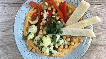 Hummus Bowl with Chicken, Zucchini and Peppers
