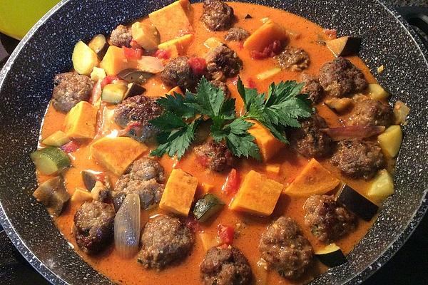 Indian Vegetable Pot with Lamb Meatballs and Sweet Potatoes