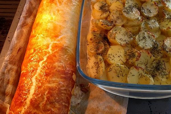 Juicy Puff Pastry Minced Meat Roll with Cream Potatoes