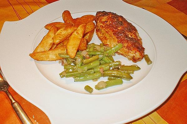 Kentucky French Chicken on Crispy Potato Wedges with Green Bacon Beans