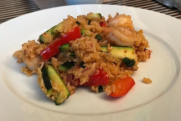 Kimchi Fried Rice with Scampi and Peppers