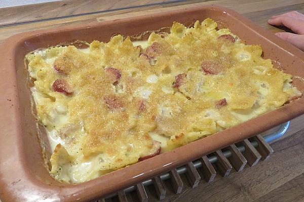Lactose-free Pasta Bake with Processed Cheese and Sausages