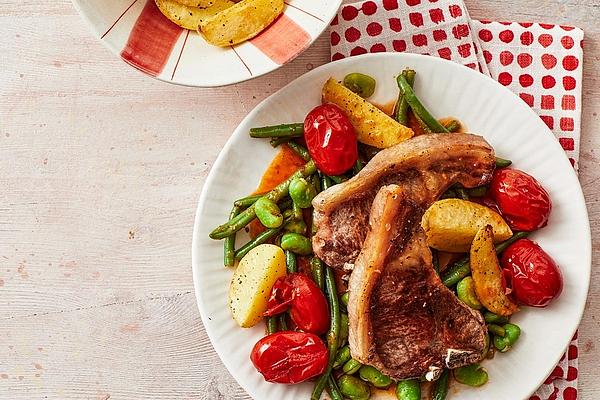 Lamb Chops in Tomato – Olive Oil – Stock with Two Kinds Of Beans and Potato Quarters