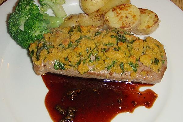 Lamb Fillet with Herb – Mustard Crust with Port Wine – Honey – Jus