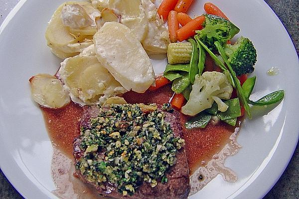 Lamb in Herb Crust with Red Wine Sauce and Potato Gratin
