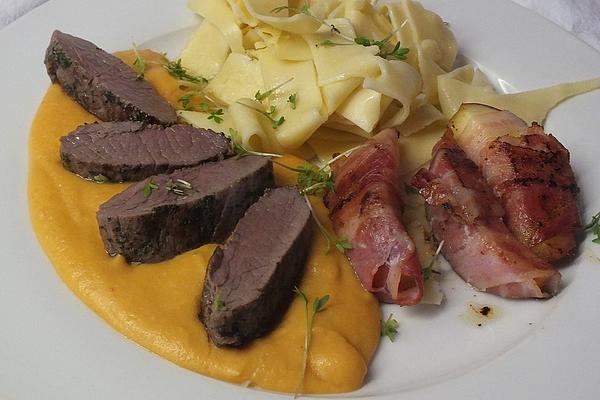Lamb Salmon with Apple and Bacon Wraps, Sweet Potato Curry Sauce and Noodles