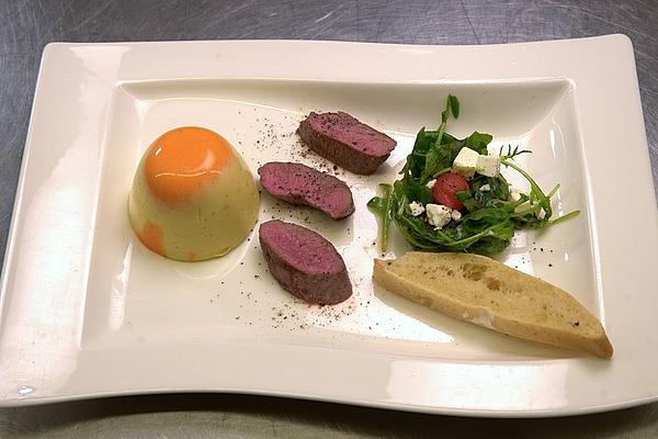 Lamb with Bell Pepper Panna Cotta and Rocket and Melon Salad