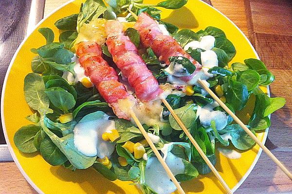 Lamb`s Lettuce with bacon-Emmentaler Skewers and Garlic Dressing