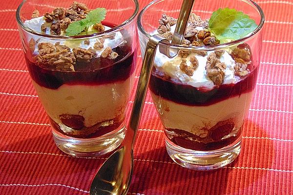 Layered Dessert with Crispy Chocolate Muesli, Cherries and Cream Cheese