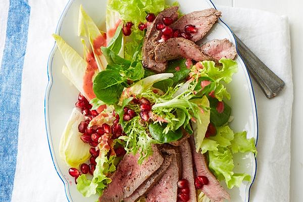 Leaf Salads with Lamb Fillet and Pomegranate Seeds