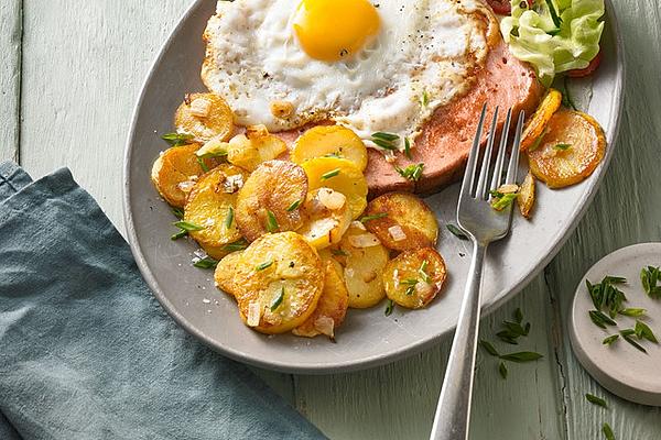 Leberkäse with Fried Potatoes and Fried Egg