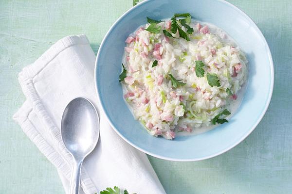 Leek and Ham Rice with Cheese Sauce