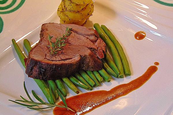 Leg Of Lamb from Roman Pot with Green Beans and Rosemary Potatoes