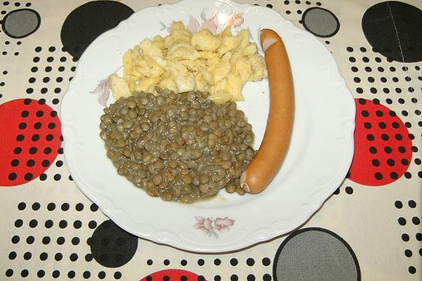 Lentils with Homemade Spaetzle and Sausages