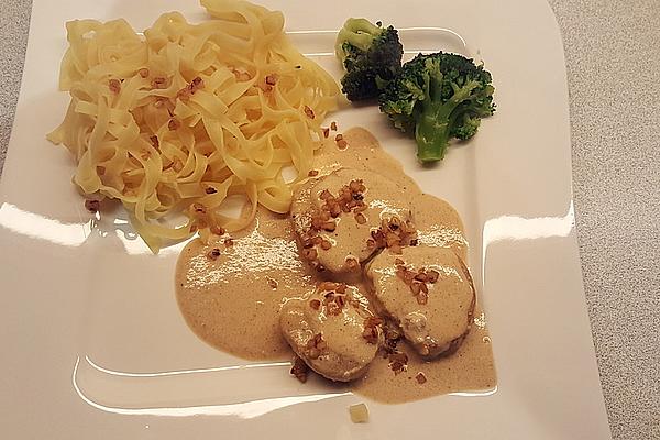 Loin in Almond Sauce with Ribbon Noodles and Broccoli