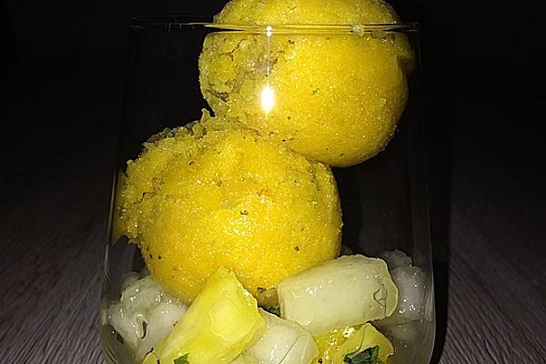 Mango and Basil Sorbet on Fruit Salad
