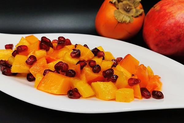 Mango and Persimmon Salad with Lime Dressing and Pomegranate Seeds