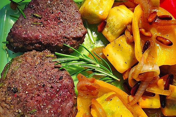 Marinated Beef Steaks with Zucchini, Bell Pepper and Ginger Vegetables