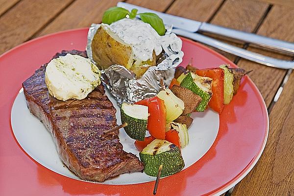 Marinated Steak with Grilled Potatoes and Vegetable Skewer