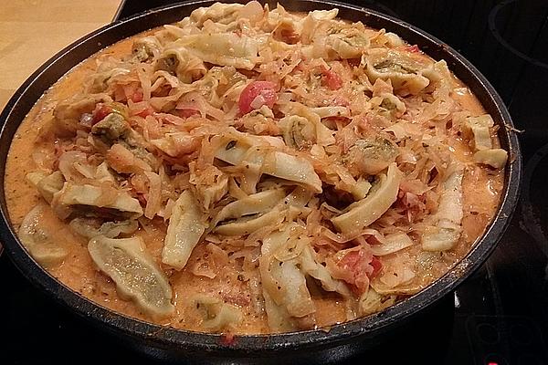 Maultaschen Sauerkraut Pan with Creamy Tomato Sauce