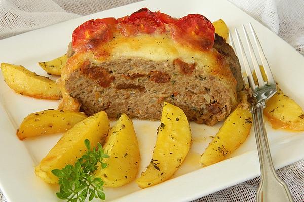 Meatloaf Baked with Tomatoes and Mozzarella and Baked Potatoes