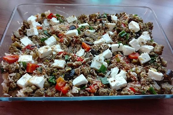 Mediterranean Casserole with Minced Meat, Rice and Sheep Cheese