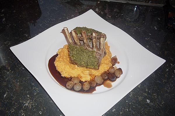 Mediterranean Herb Lamb with Potato – Celery Puree and Glazed Silver Onions