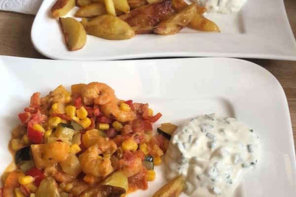 Mediterranean Vegetable and Shrimp Pan with Baked Potatoes and Sour Cream Dip
