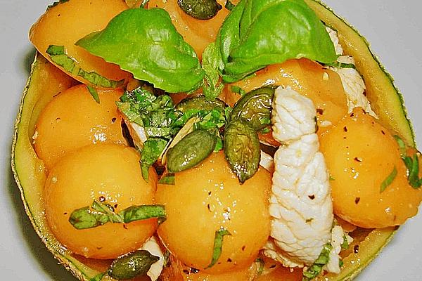 Melon Salad with Strips Of Chicken Breast and Basil