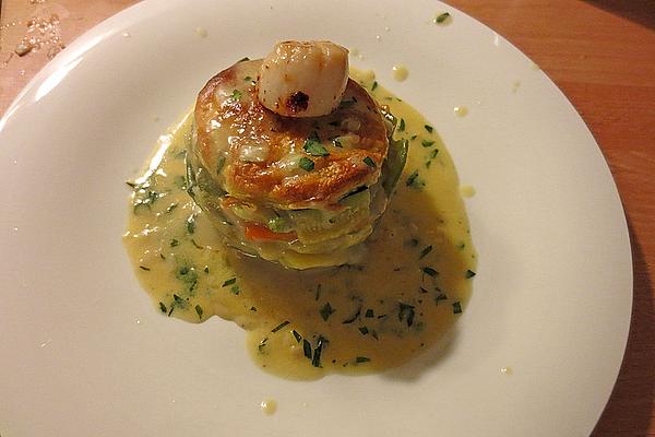 Millefeuille Of Vegetables with Scallops and Bercy Sauce