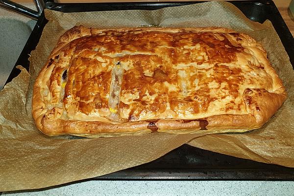 Minced Meat Roll in Puff Pastry with Kidney Beans and Corn