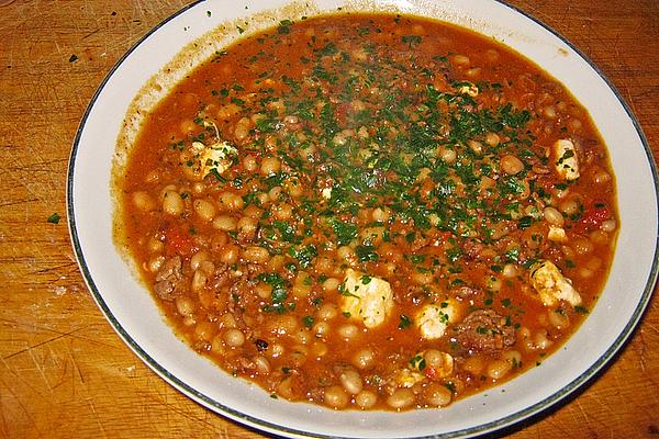 Minced Meat Stew with White Beans, Feta Cheese and Red Wine