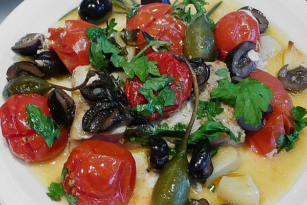 Monkfish with Tomatoes, Capers and Olives
