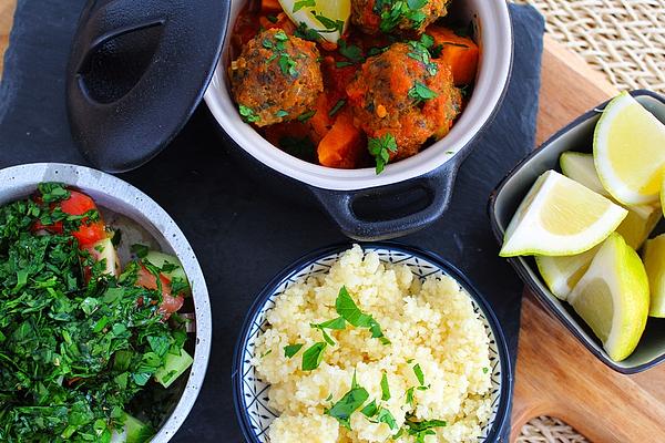 Moroccan Tagine with Sweet Potatoes, Couscous and Parsley Salad