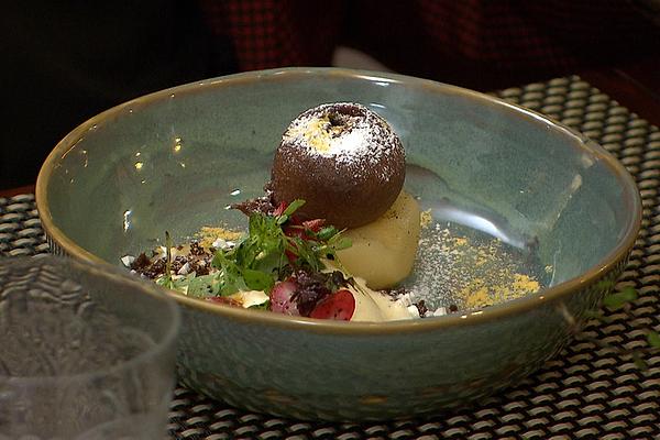 Muscovado Ice Cream with Pear, Chocolate and Marinated Herbs