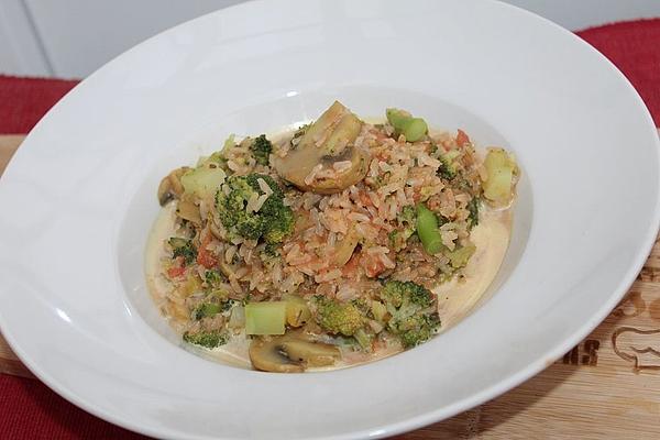 Mushroom Rice Pan with Broccoli and Tomatoes