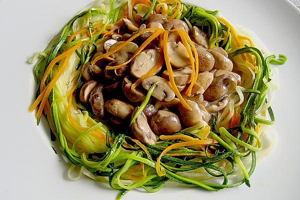 Mushrooms in Nest Of Radish, Carrot and Zucchini Noodles