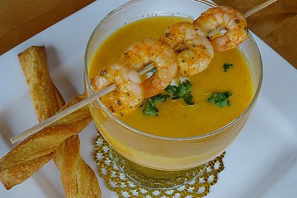 Orange and Carrot Soup with Ginger and Prawn Skewer