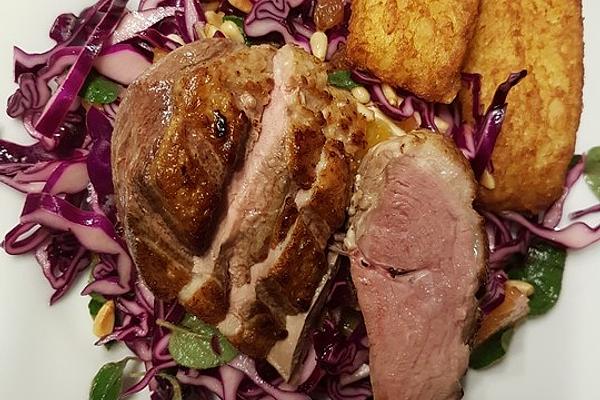 Orange and Red Cabbage Salad with Duck Breast and Balsamic Reduction