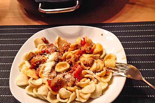 Orecchiette with Salsiccia in Spicy Tomato and Fennel Sauce