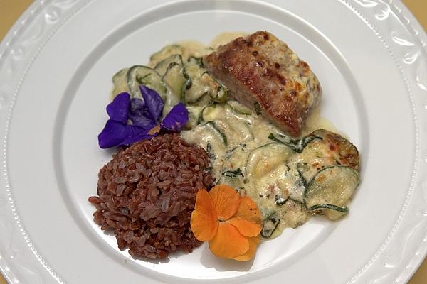 Organic Veal Medallions on Cream-zucchini-basil and Red Camargue Rice